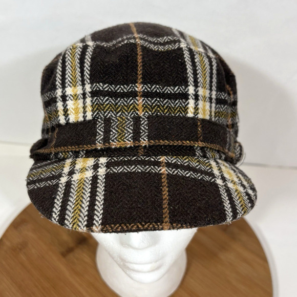 Plaid Newsboy Brown White Yellow Hat Cap Womens Preppy Retro Driving Wool Blend - Picture 5 of 10